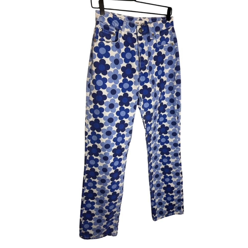 Zara Blue Floral Print Wide Leg Jeans Y2K Retro Cotton Denim 4 - Picture 4 of 8